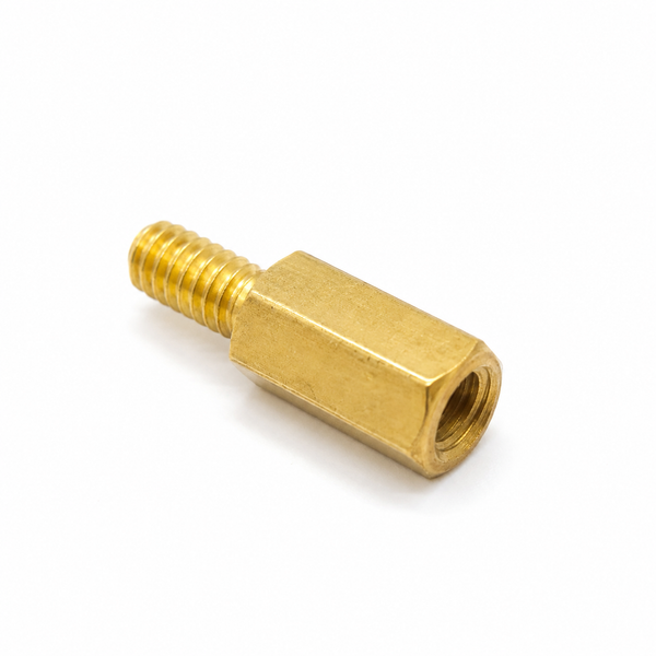 M2 x 5+4 brass male-female PCB spacer hex standoff, angled view showing the 4mm male stud and hex body