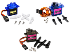 SG90, SG92R and MG90S micro servos side by side with their horns and mounting screws