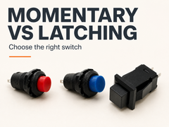 Momentary versus latching switch guide with red and blue DS228 buttons and a black DS429