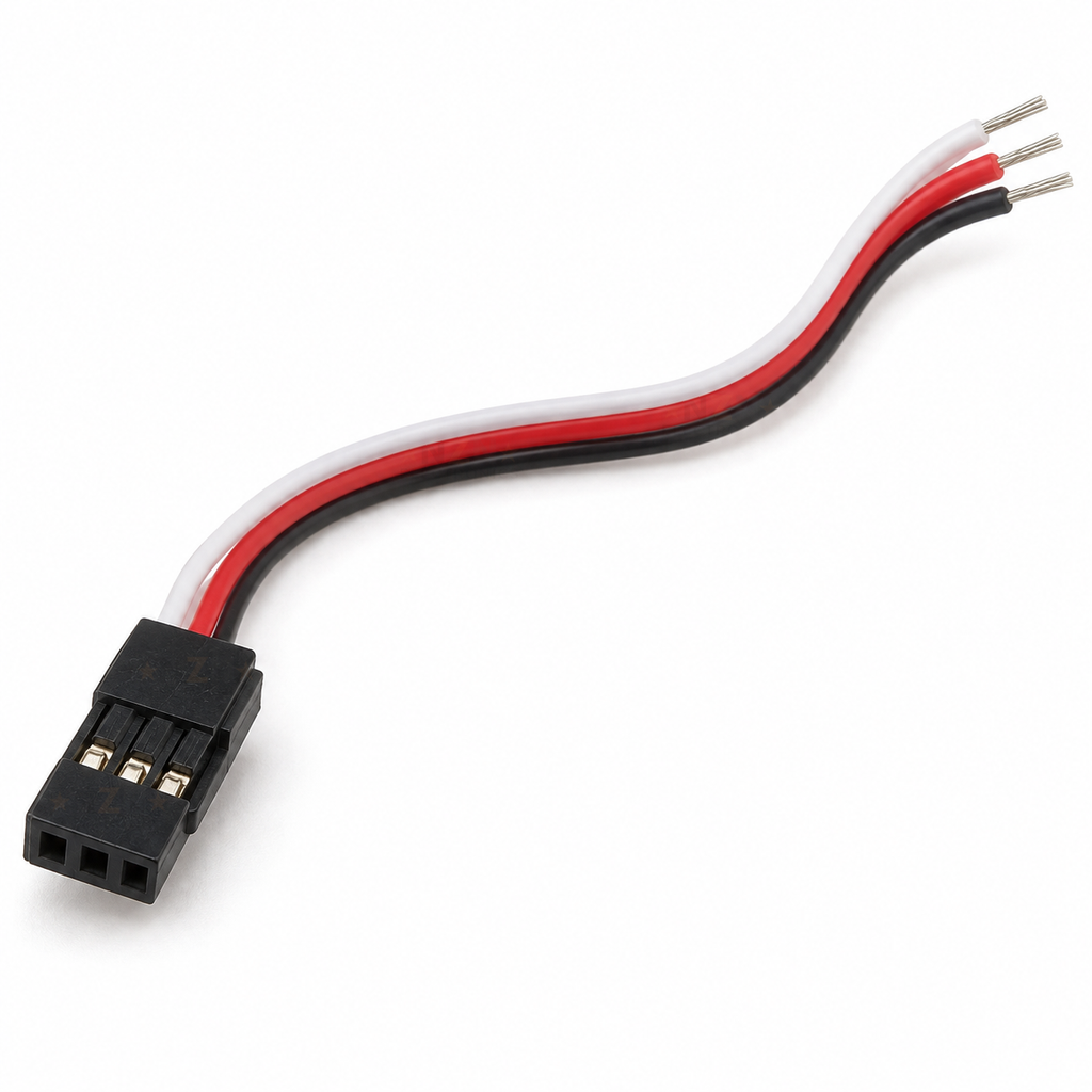 100 mm Futaba-style servo pigtail lead with a black male plug and flat white, red and black wires ending in bare tips