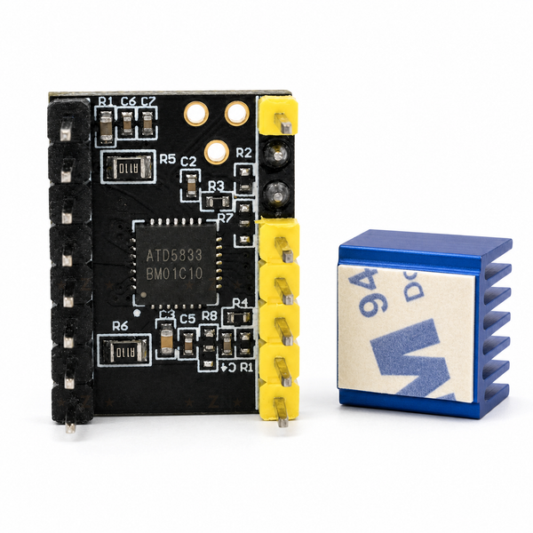 ATD5833 stepper motor driver module with blue heatsink, component side