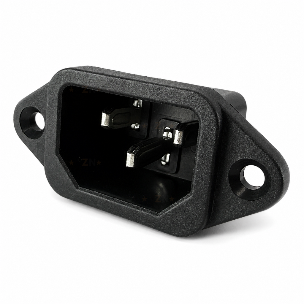 IEC C14 10A 250V panel mount power inlet, front three-quarter view