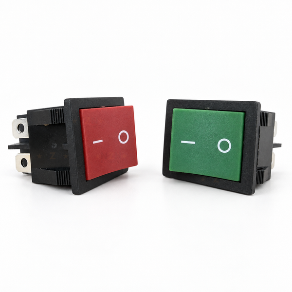 Red and green KCD4 40A ON/OFF rocker switch options with I/O symbols and black snap-in housings
