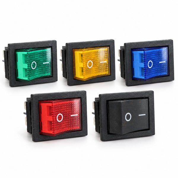 KCD4 rocker switch colour choices: green, yellow, blue, red and solid black; one switch supplied