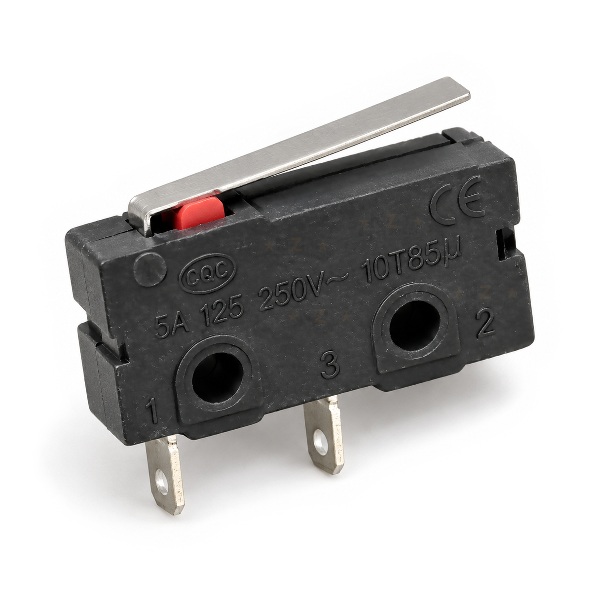 KW11-3Z micro limit switch with straight steel lever, front three-quarter view showing the two solder tabs at positions 1 and 3