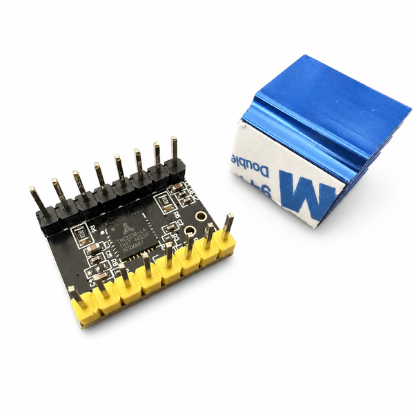 TMC2208 stepper motor driver module with supplied blue heatsink, component side