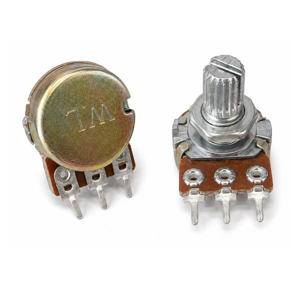 Front and rear views of the WH148 B10K 15mm potentiometer with mounting nut and washer; sold individually
