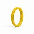 Yellow 5 m coil of fine 26 AWG PVC insulated hook-up wire, upright on a white background