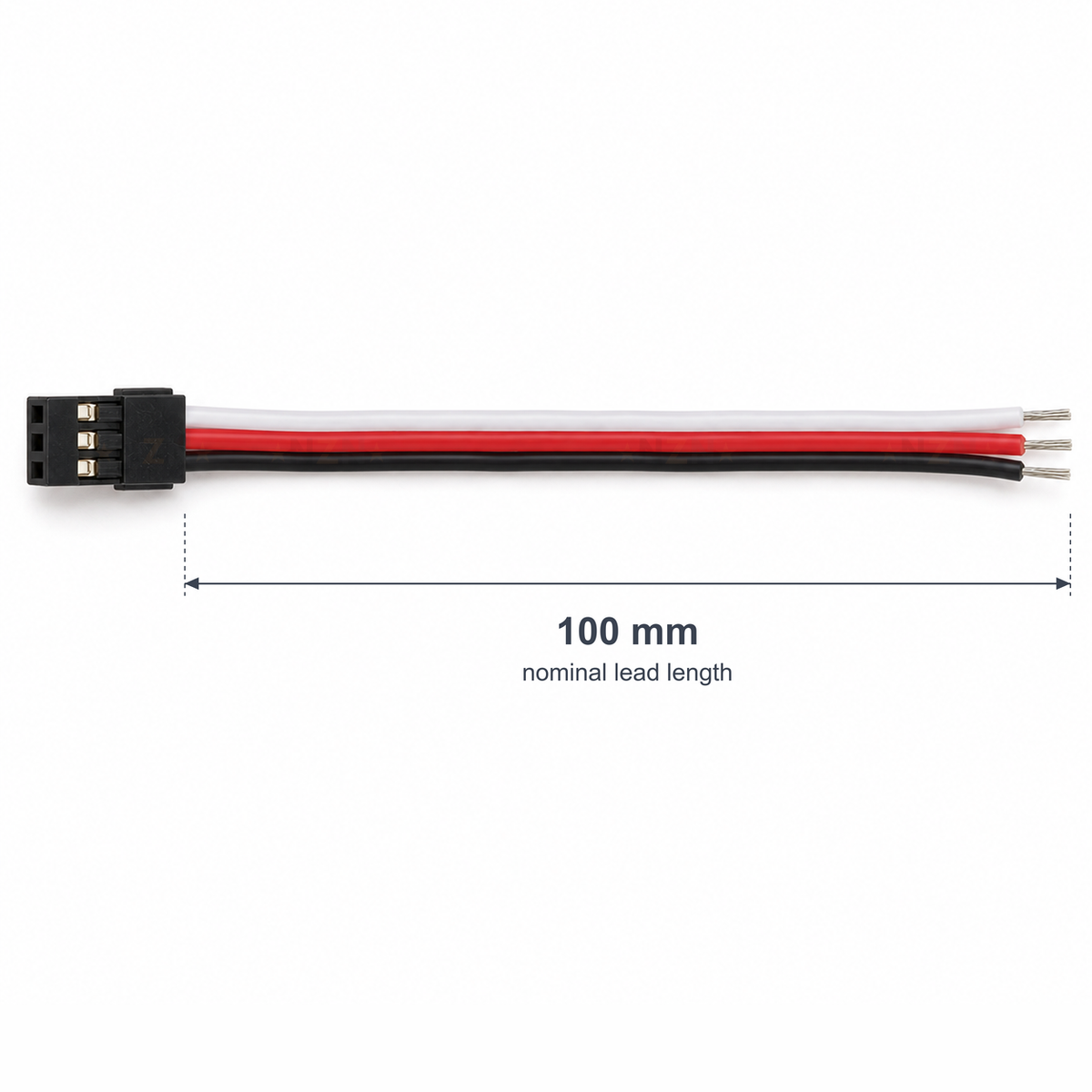 Servo pigtail laid straight with a 100 mm nominal lead length marked from the back of the plug to the wire tips