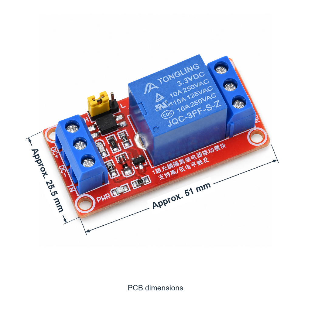 1-Channel 3.3V Relay Module with High/Low Trigger, PCB length and width marked in millimetres