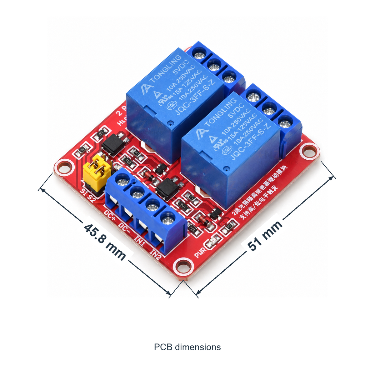 2-Channel 5V Relay Module with High/Low Trigger, PCB length and width marked in millimetres