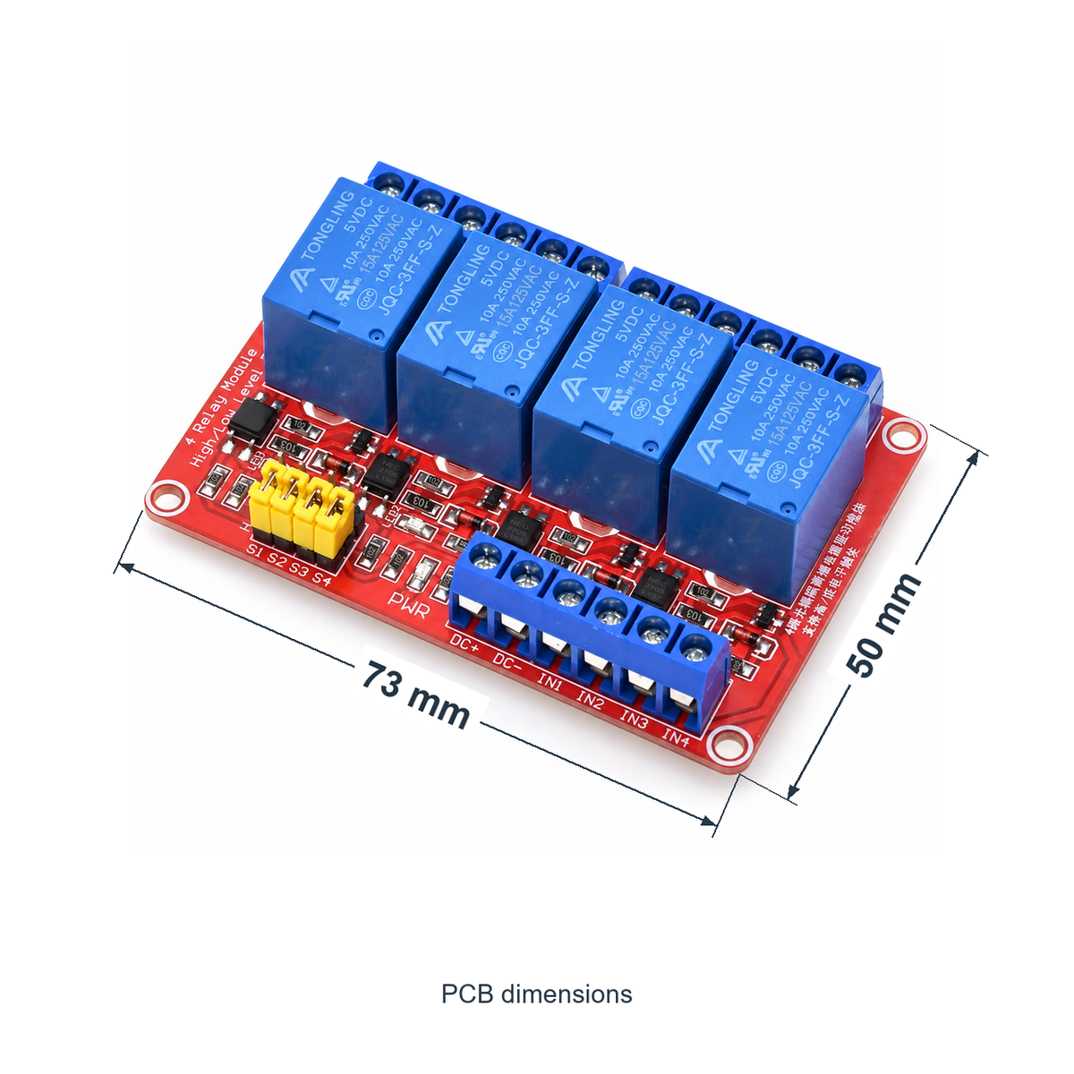 4-Channel 5V Relay Module with High/Low Trigger, PCB length and width marked in millimetres