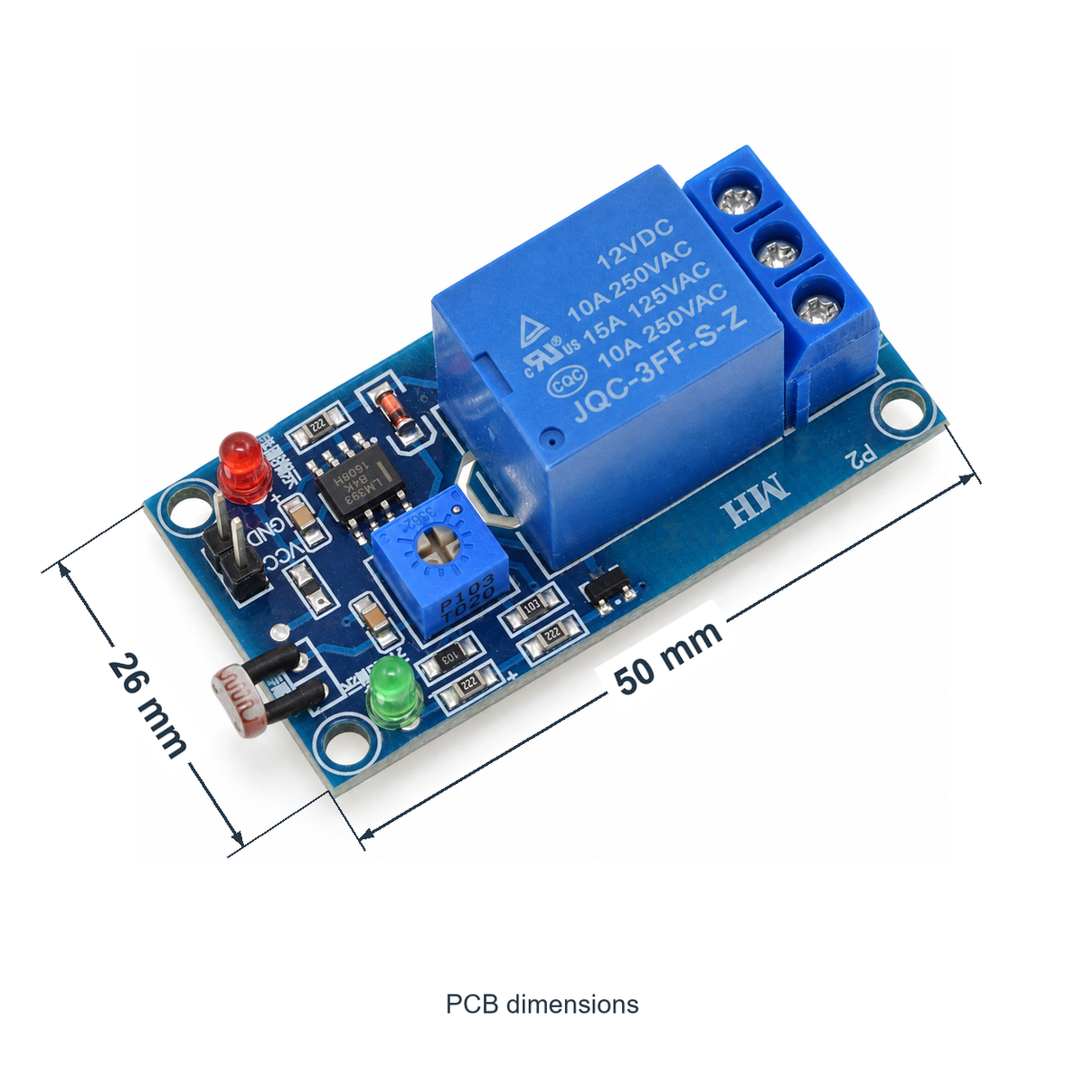 12V Photoresistor Light-Control Relay Module, PCB length and width marked in millimetres
