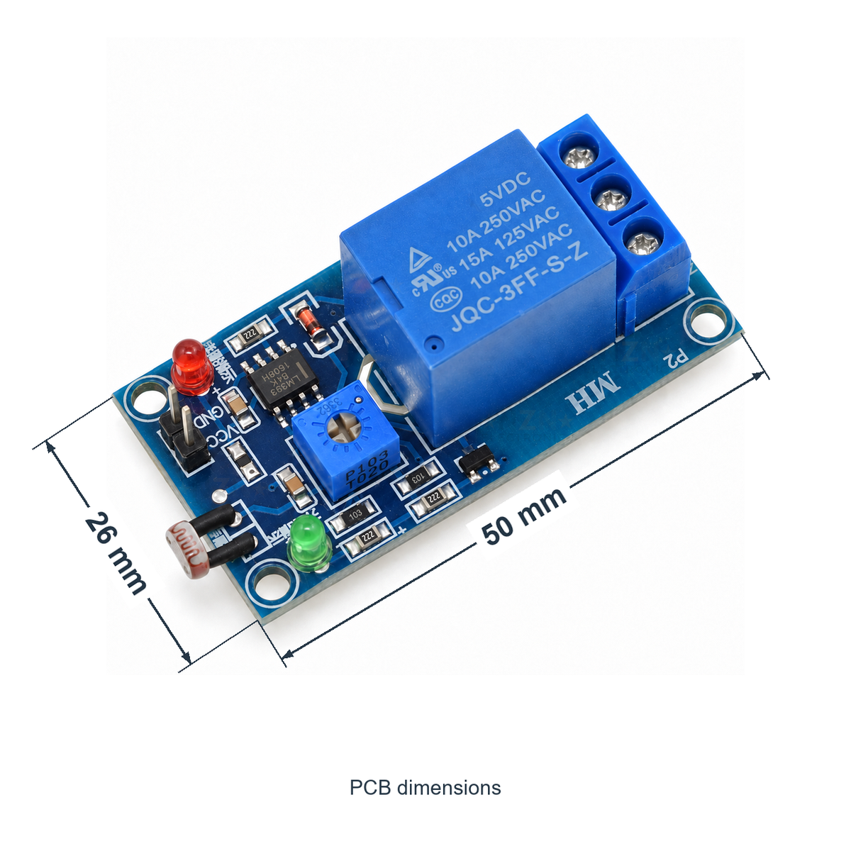 5V Photoresistor Light-Control Relay Module, PCB length and width marked in millimetres
