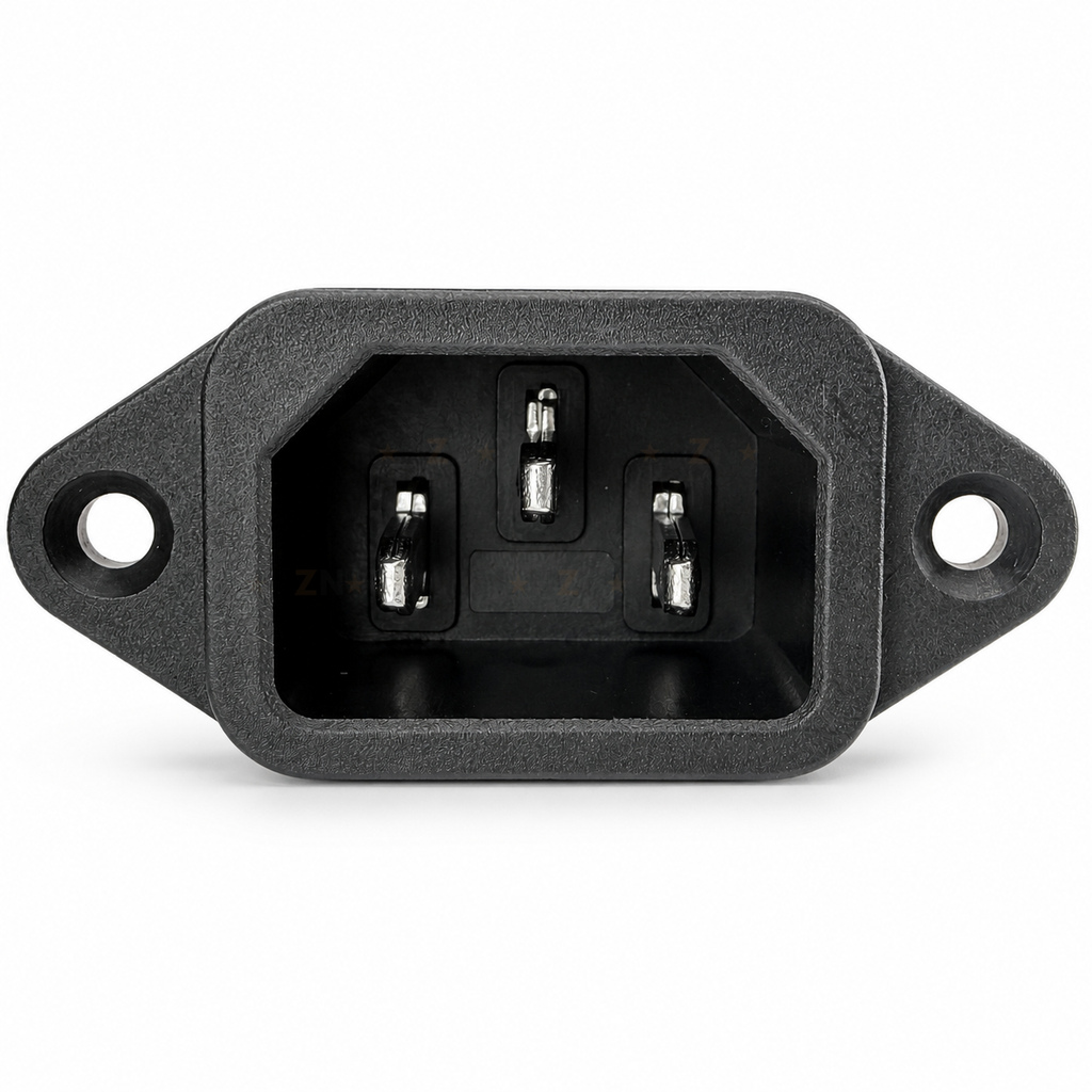 IEC C14 panel mount inlet front view showing three contacts and mounting holes
