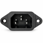 IEC C14 panel mount inlet front view showing three contacts and mounting holes