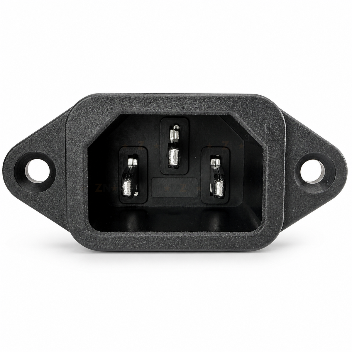IEC C14 panel mount inlet front view showing three contacts and mounting holes