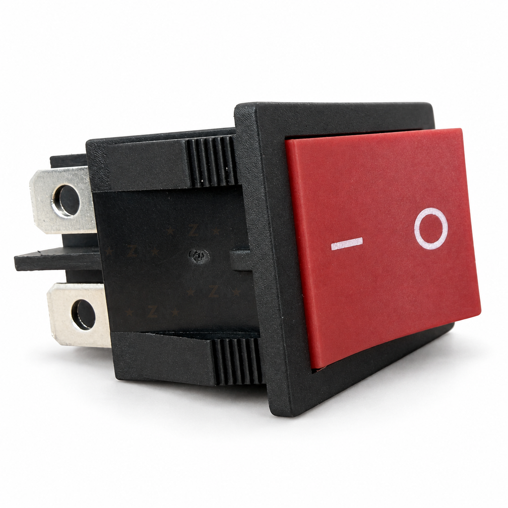 Red KCD4 40A ON/OFF rocker switch with I/O symbols, black bezel and snap-in clips