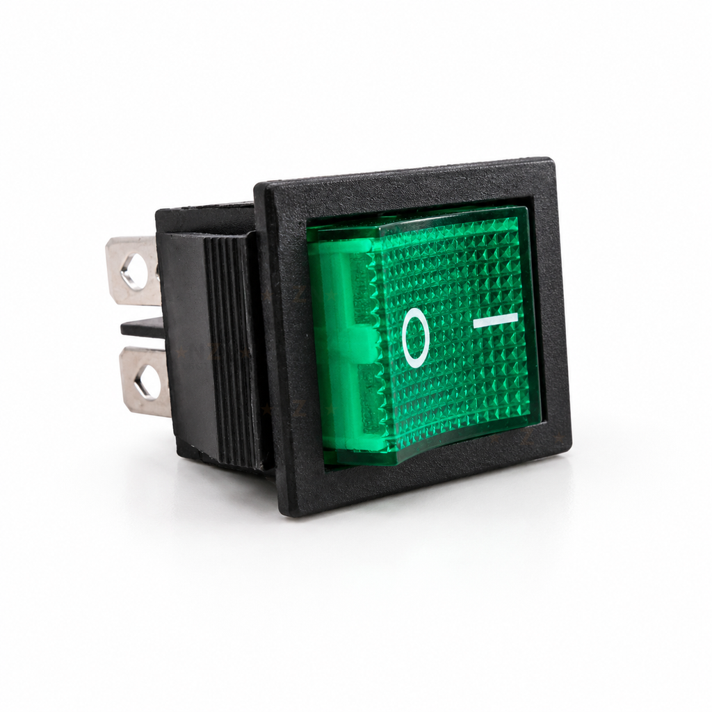 Green KCD4 four-terminal rocker switch with translucent I/O actuator and snap-in housing