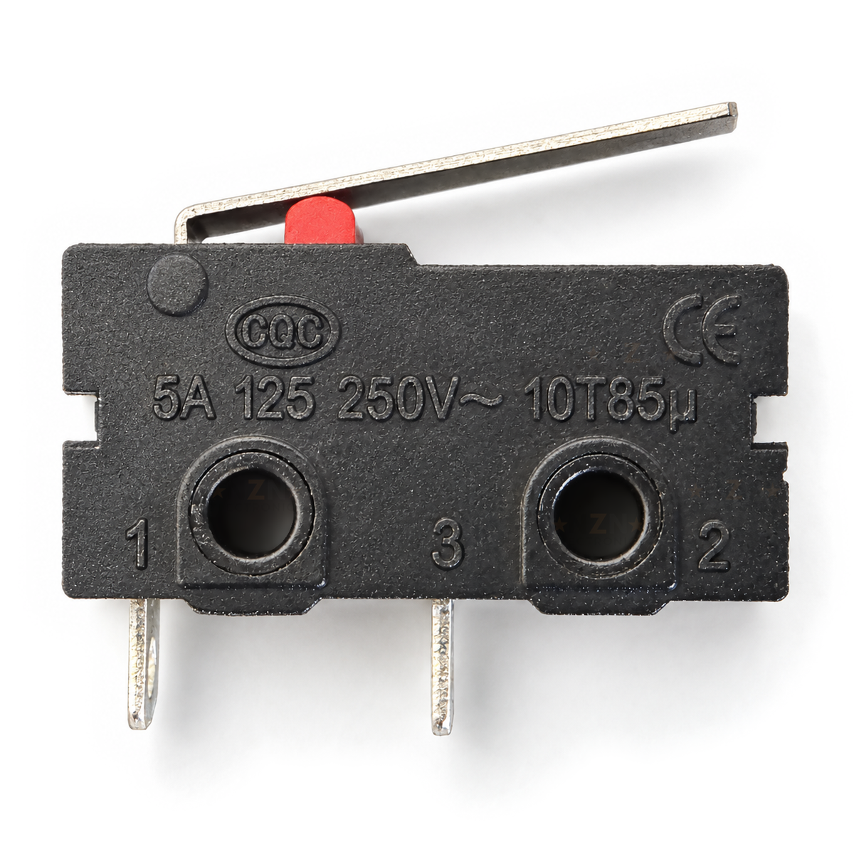 Numbered front face of the 2-pin KW11-3Z switch: 5A 125 250V T85 marking and terminal numbers 1, 3 and 2, with tabs at 1 and 3 only