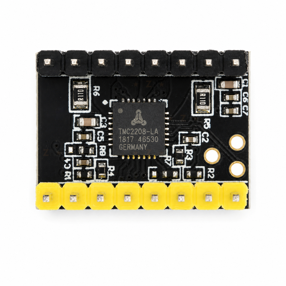 TMC2208 component-side top-down view showing the driver IC and soldered header pins