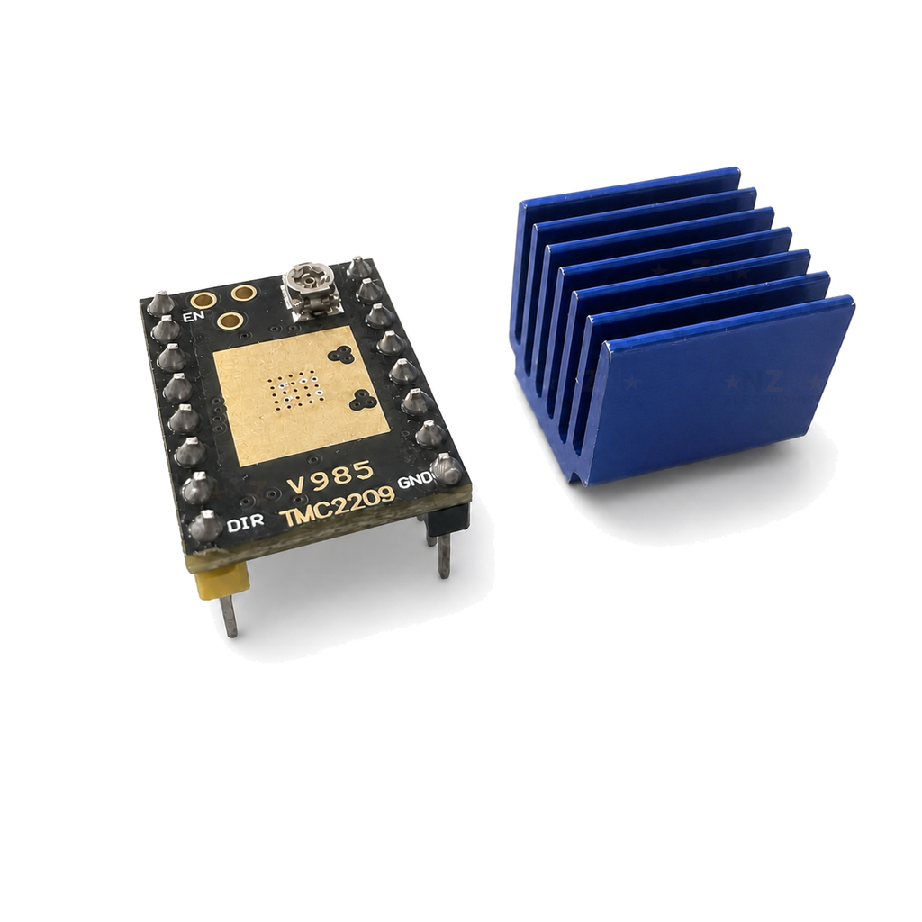 TMC2209 driver reverse side showing gold thermal pad area and supplied heatsink