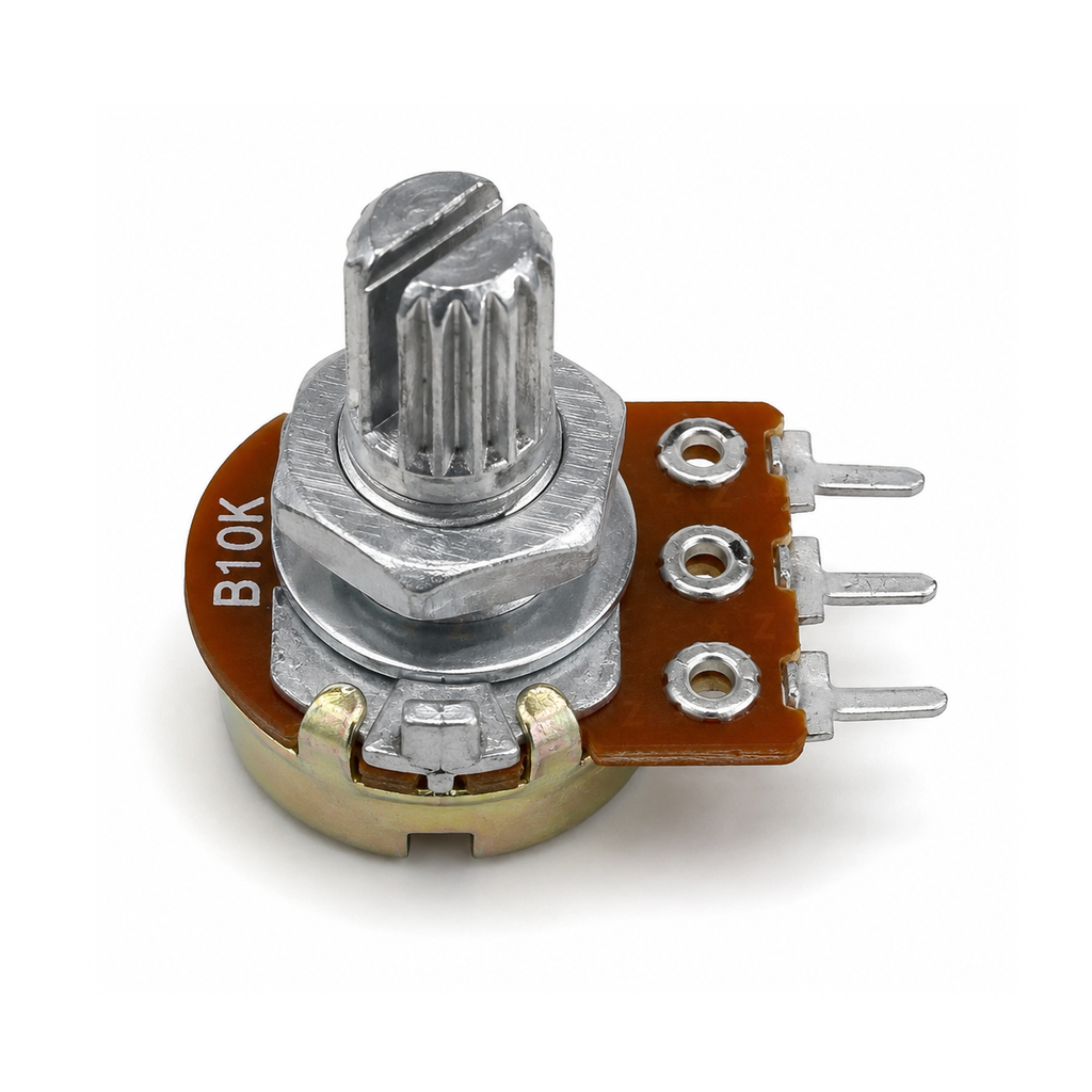 WH148 15mm potentiometer detail showing the B10K marking, split knurled shaft and three solder terminals