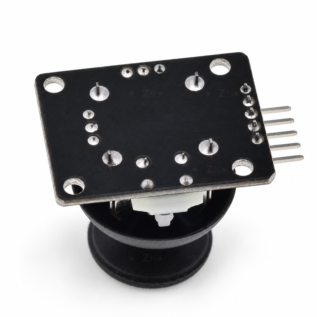 Underside of KY-023 XY Joystick Module with Push Button, showing PCB solder joints and mounting holes