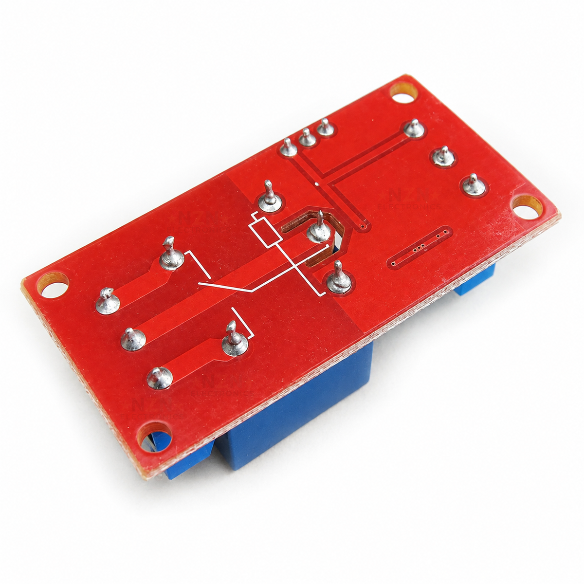 Underside of 1-Channel 3.3V Relay Module with High/Low Trigger, showing PCB solder joints and mounting holes
