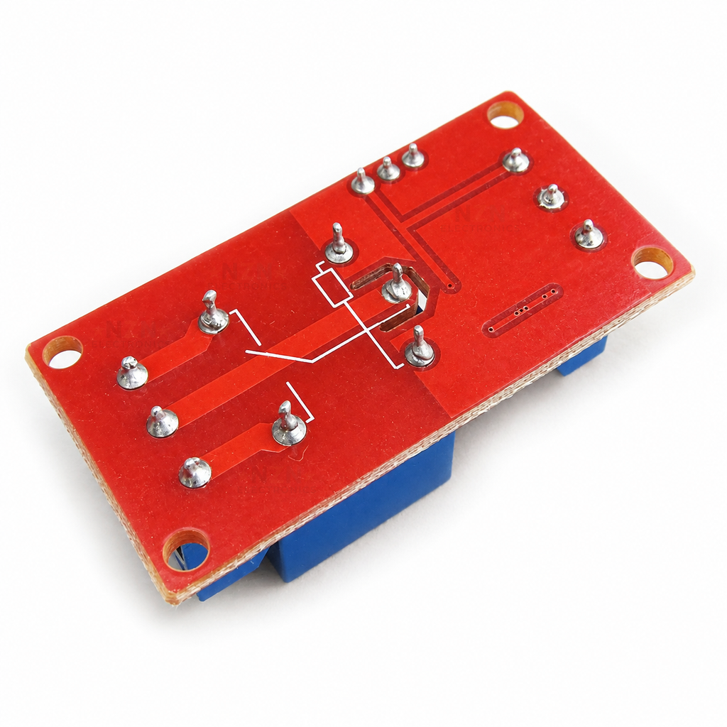 Underside of 1-Channel 5V Relay Module with High/Low Trigger, showing PCB solder joints and mounting holes