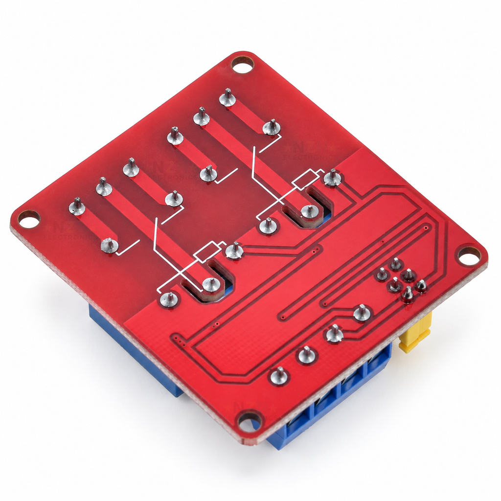 Underside of 2-Channel 5V Relay Module with High/Low Trigger, showing PCB solder joints and mounting holes