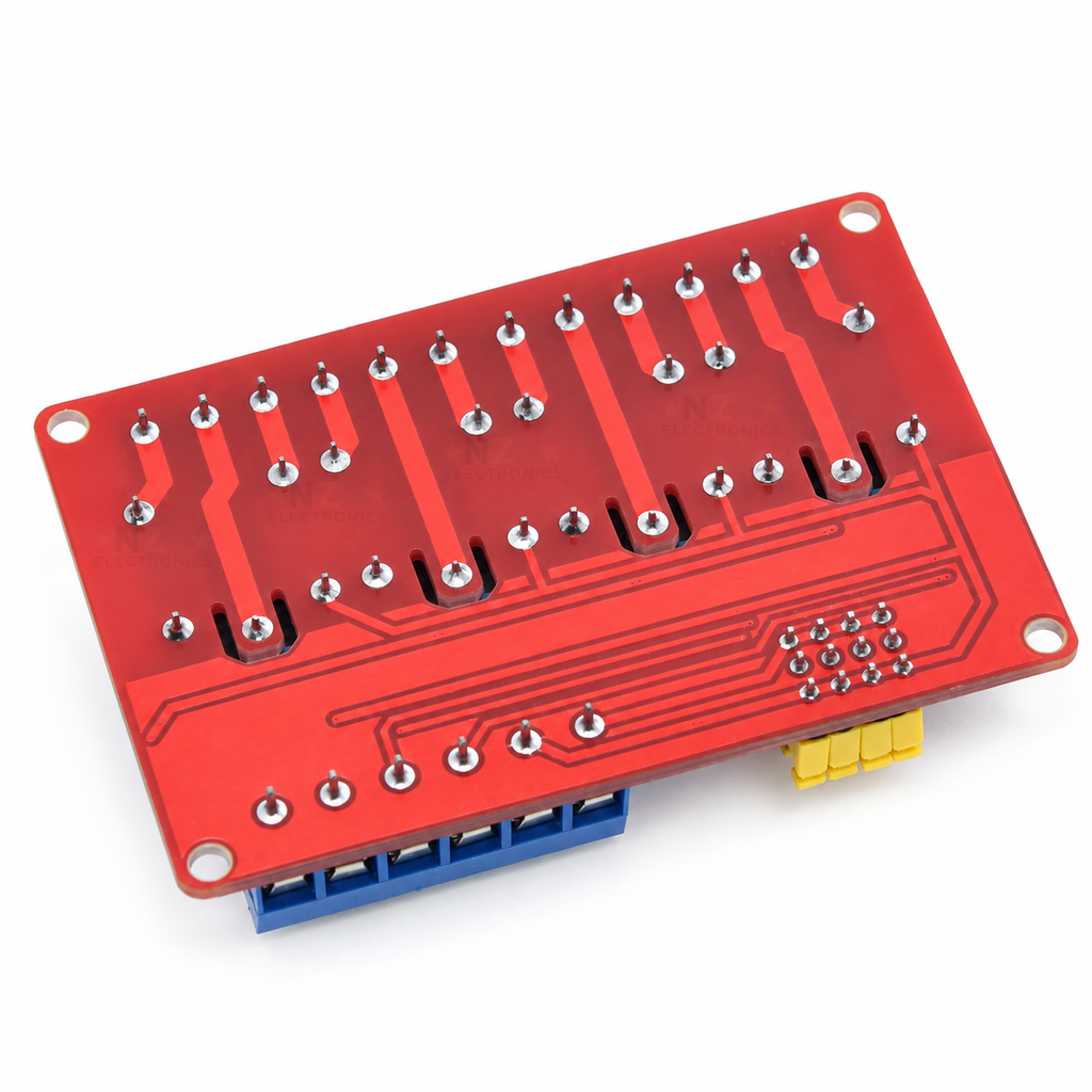 Underside of 4-Channel 5V Relay Module with High/Low Trigger, showing PCB solder joints and mounting holes