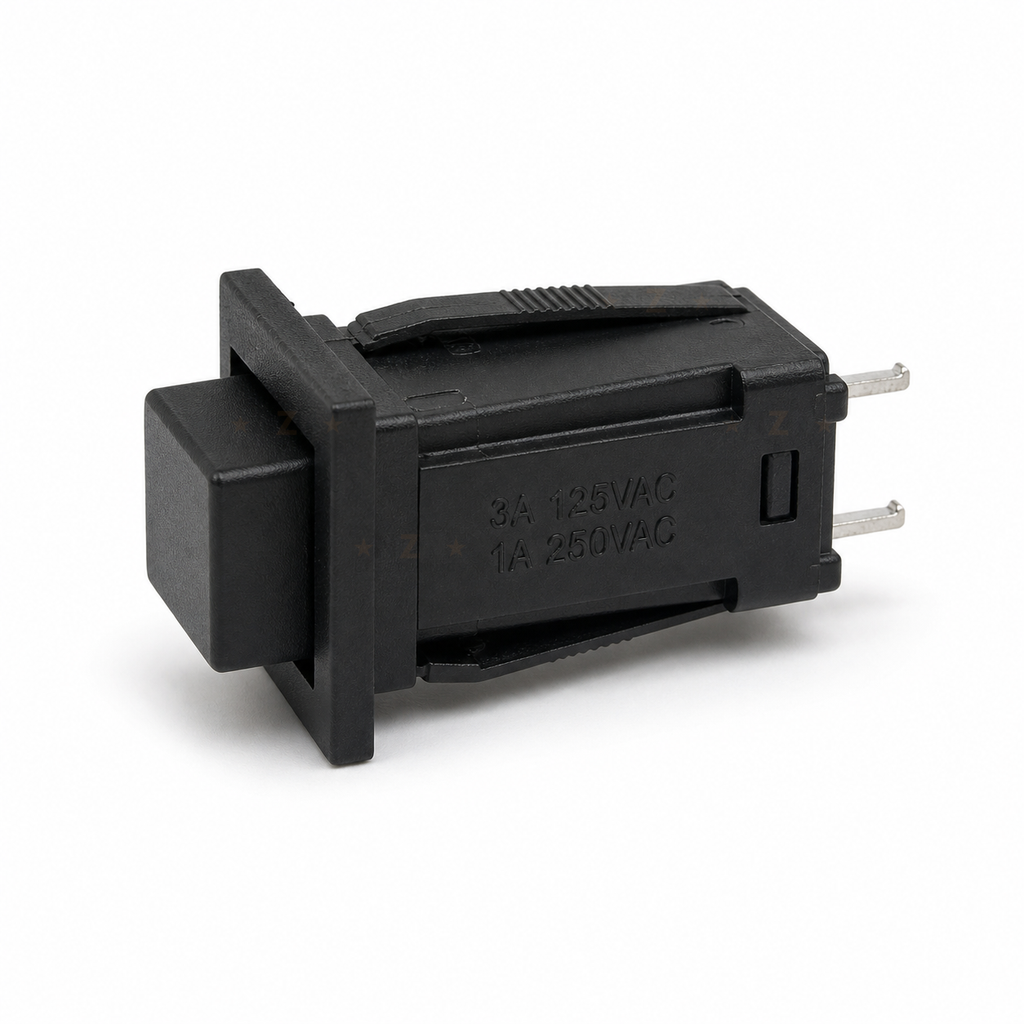 DS429 push button side view showing retaining arms and electrical ratings