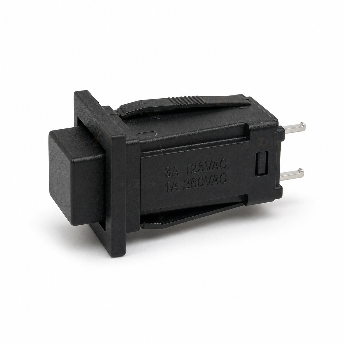 DS429 push button side view showing retaining arms and electrical ratings