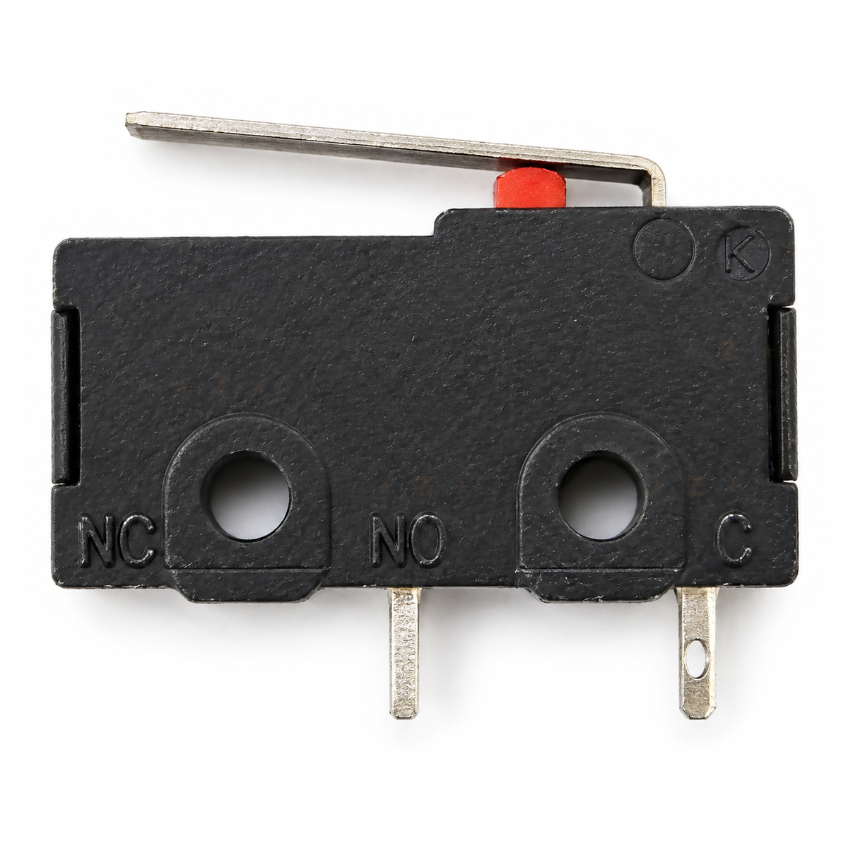 Back face of the switch moulded NC, NO and C, with tabs under NO and C and no tab under NC
