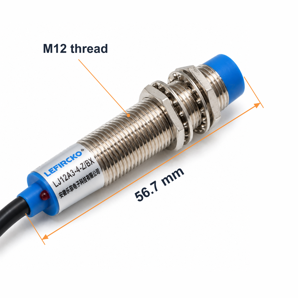 LJ12A3-4-Z/BX sensor marked with its 56.7 mm body length and M12 thread
