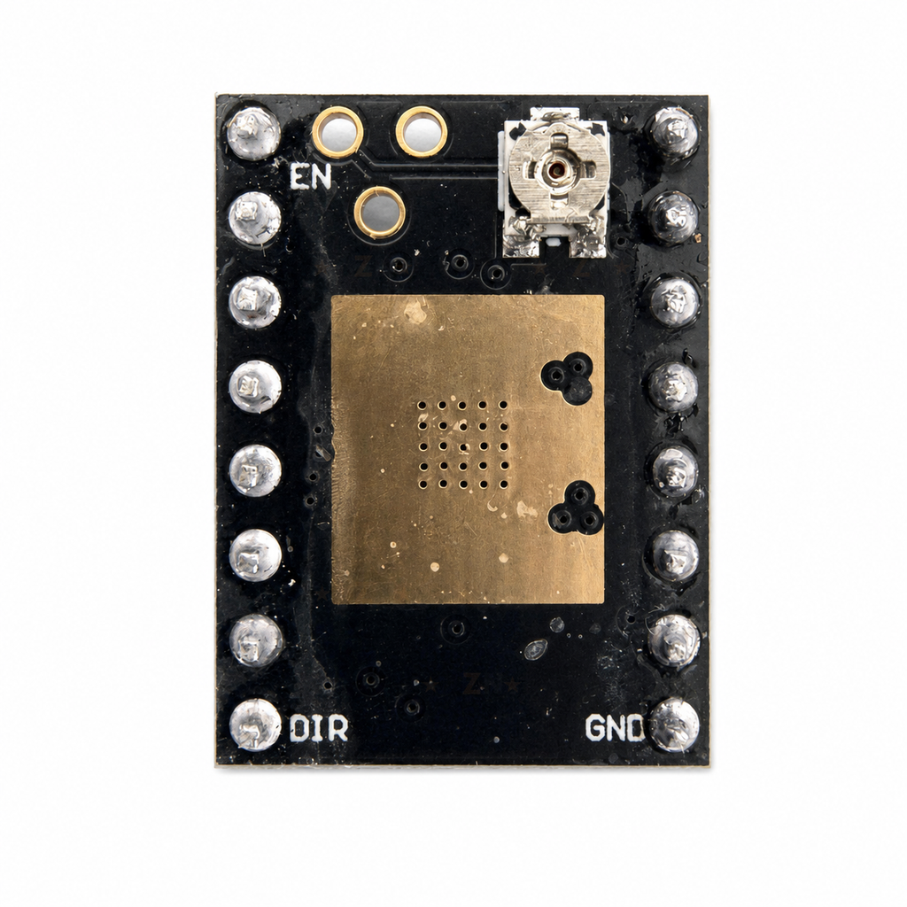 TMC2208 reverse-side top-down view showing the gold heatsink mounting area