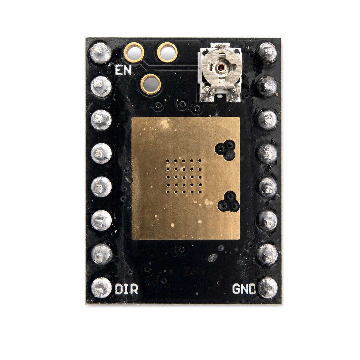 TMC2208 reverse-side top-down view showing the gold heatsink mounting area