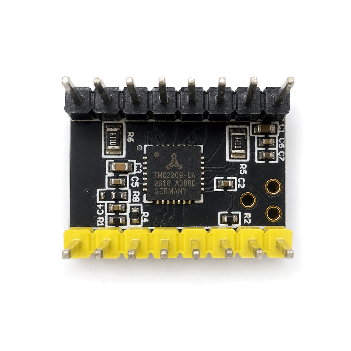 TMC2209 stepper driver component side top-down view showing IC and header pins