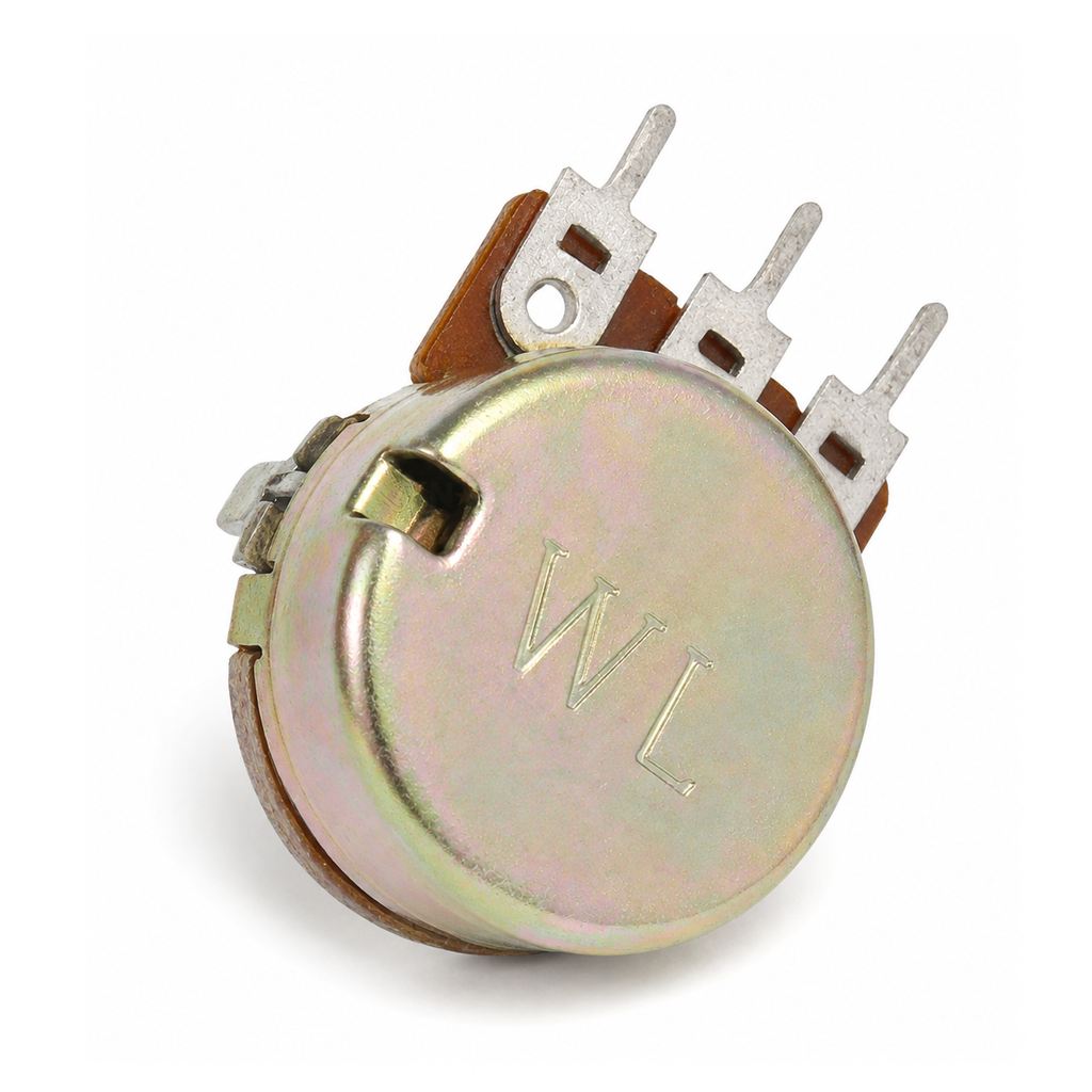 Rear of the WH148 15mm potentiometer showing the WL-stamped metal cover and terminal construction