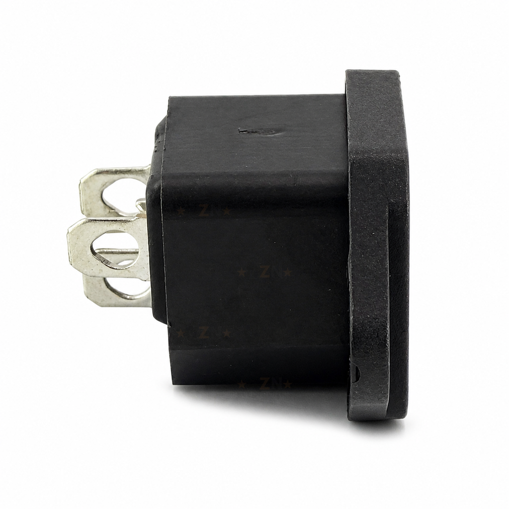IEC C14 panel mount inlet side profile showing rear solder terminals