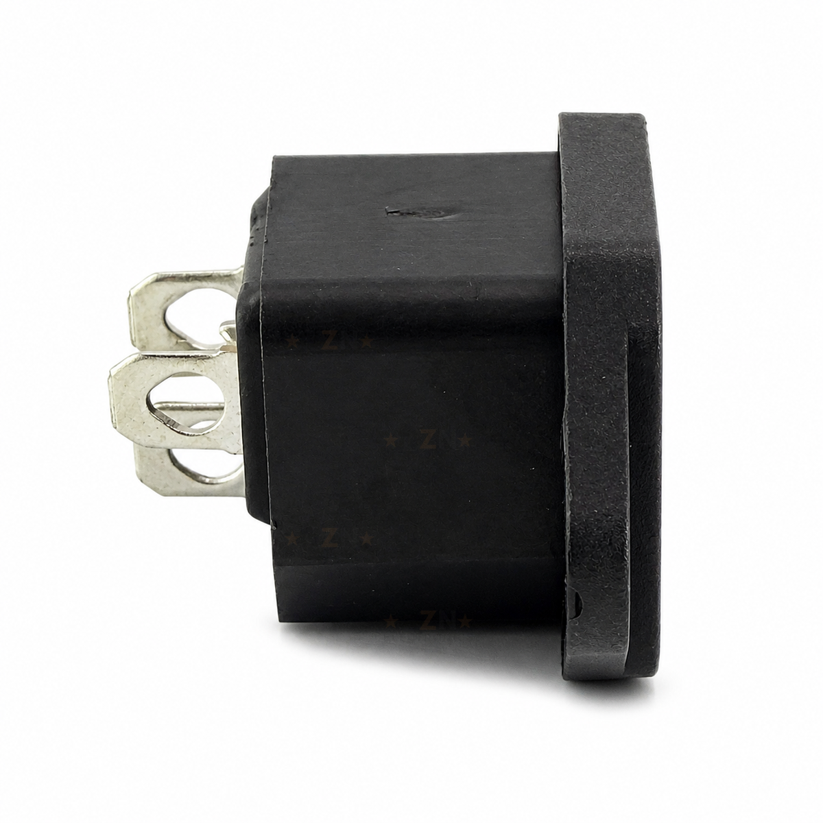 IEC C14 panel mount inlet side profile showing rear solder terminals