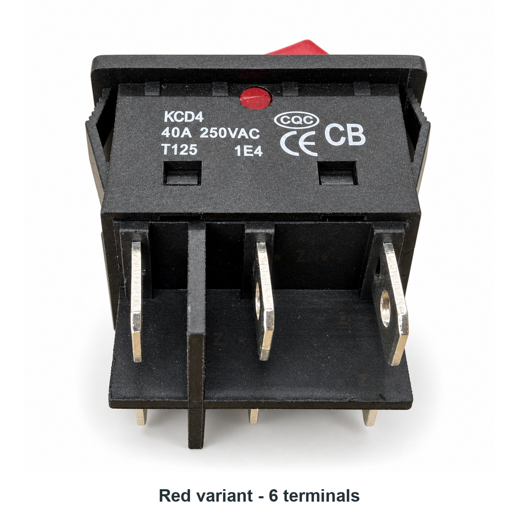 Rear view of the red KCD4 40A rocker switch showing its six-terminal layout and 40A 250VAC markings