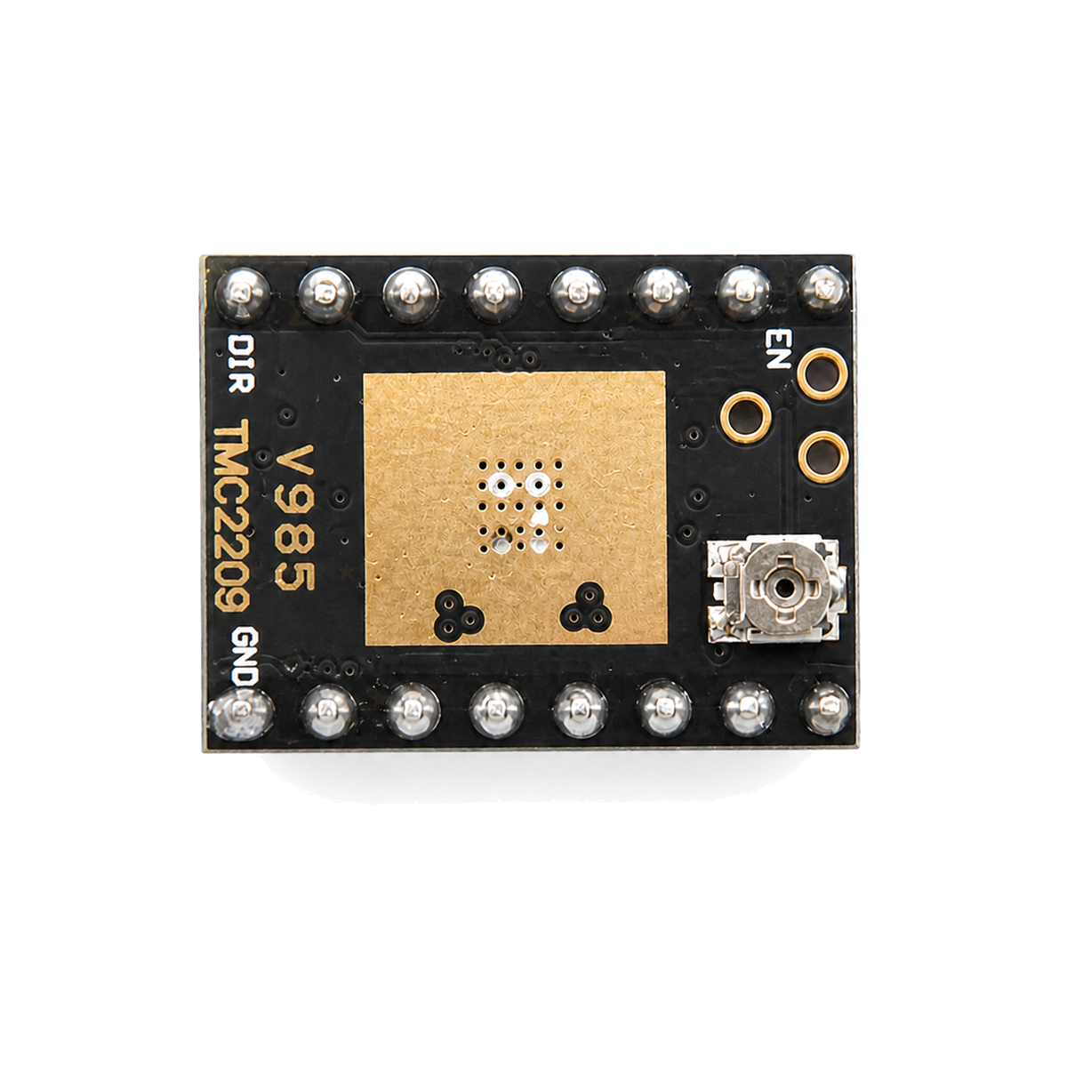 TMC2209 module reverse side top-down view with gold heatsink mounting area
