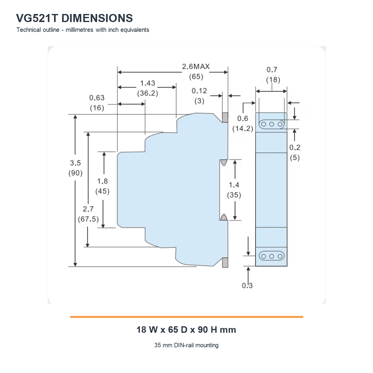 VG521T dimensions drawing showing 18 mm width, 65 mm depth and 90 mm height