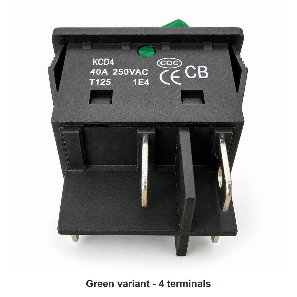 Rear view of the green KCD4 40A rocker switch showing its four-terminal layout and 40A 250VAC markings