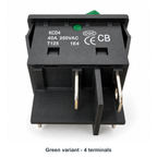 Rear view of the green KCD4 40A rocker switch showing its four-terminal layout and 40A 250VAC markings