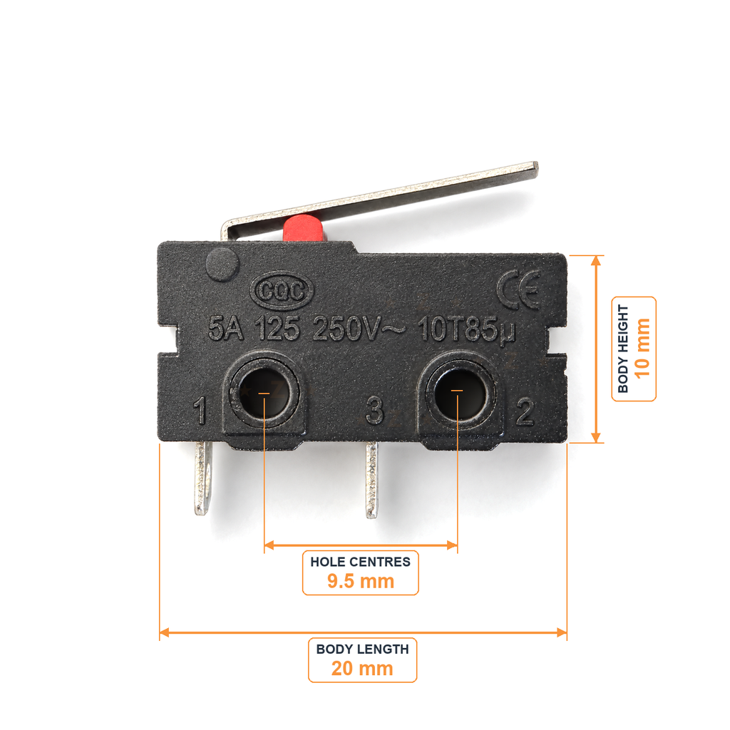 KW11-3Z 2-pin switch dimensions: body 20 mm long and 10 mm high, mounting holes 9.5 mm apart