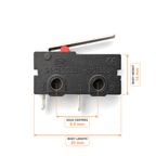 KW11-3Z 2-pin switch dimensions: body 20 mm long and 10 mm high, mounting holes 9.5 mm apart