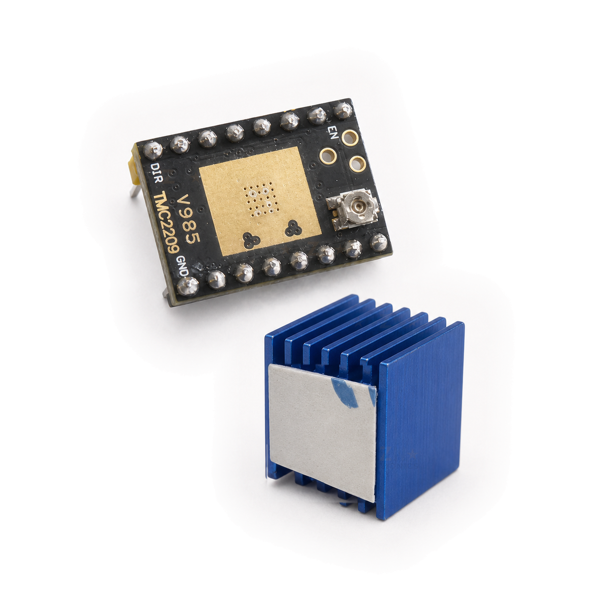 TMC2209 module with blue aluminium heatsink and thermal adhesive pad